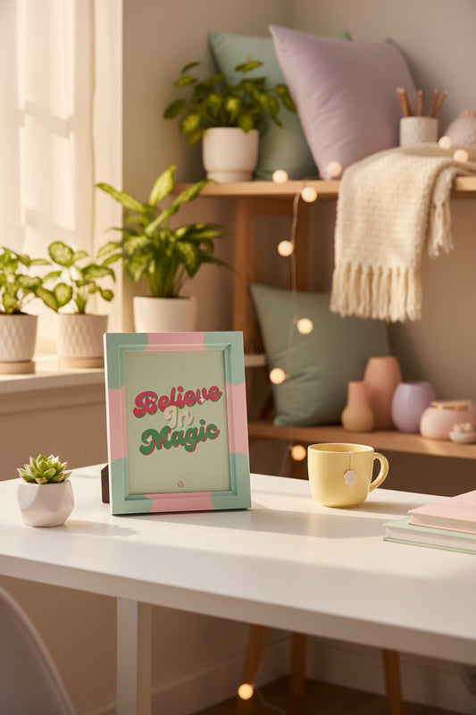 Poster with 'Believe In Magic' text on a metallic surface