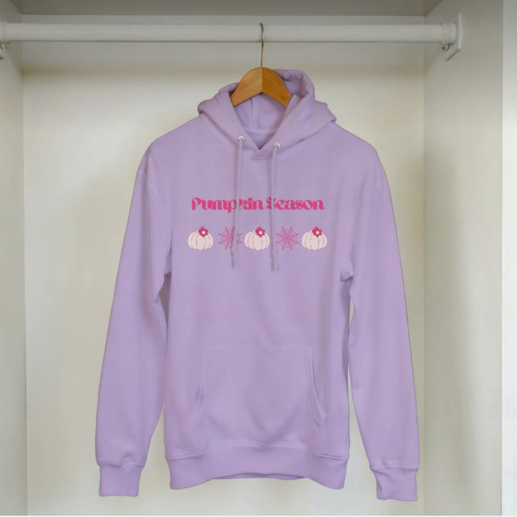 Lilac hoodie with pink pumpkins printed on the chest