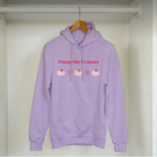 Lilac hoodie with pink pumpkins printed on the chest