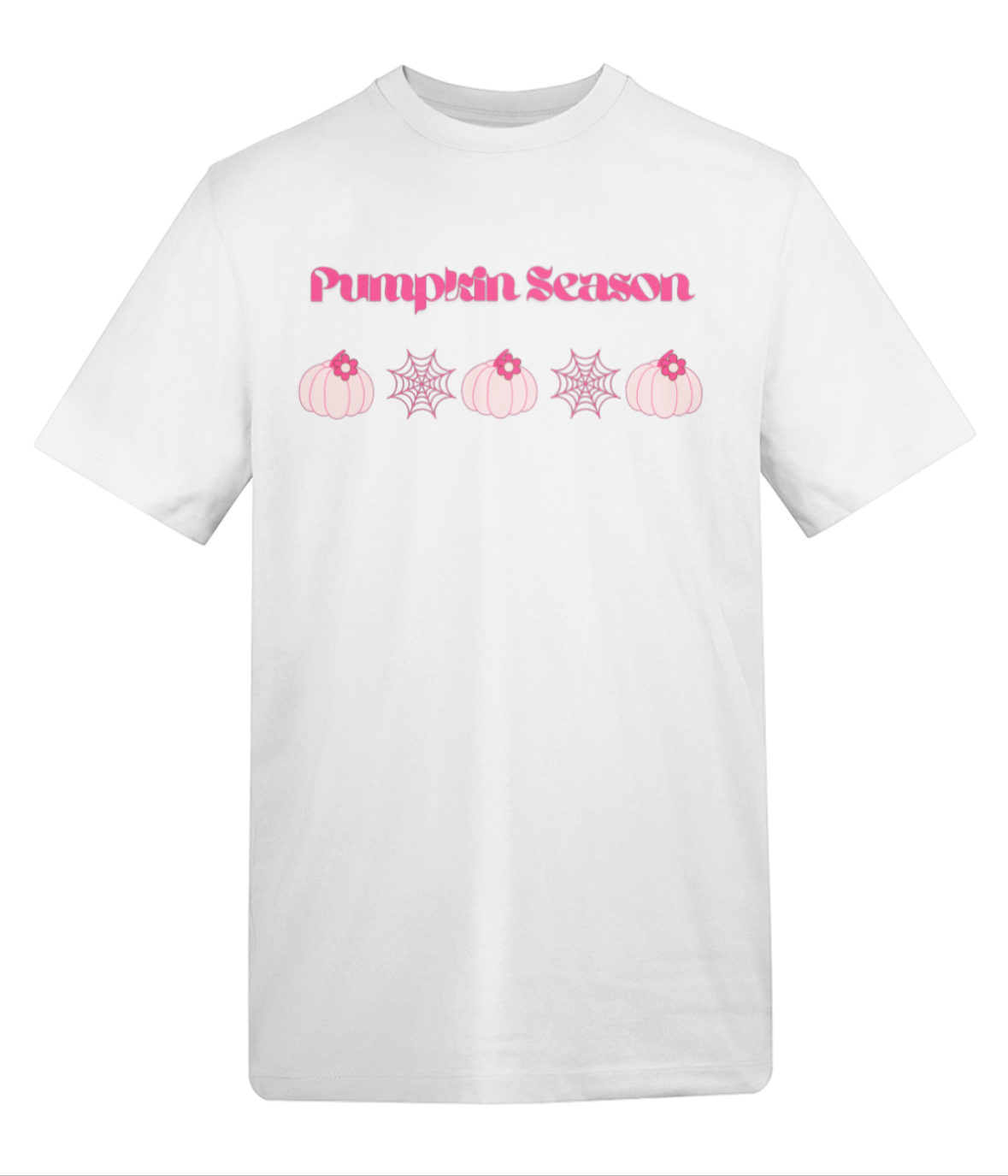 White t-shirt with pink text and graphics on a white background
